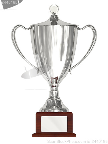 Image of Silver trophy cup on wood pedestal