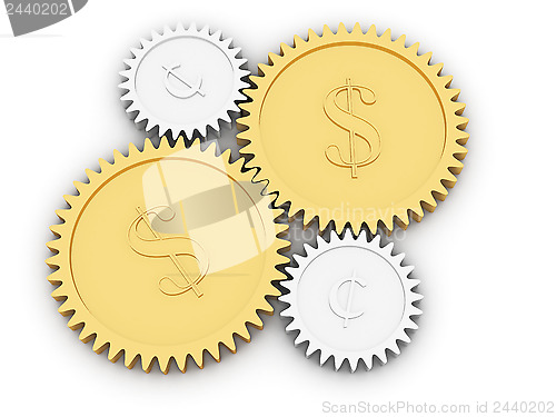 Image of Golden dollar and cent gears on white