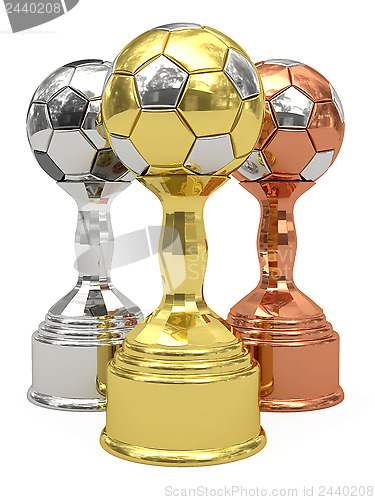 Image of Golden, silver and bronze soccer trophies
