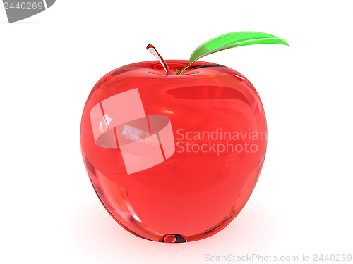 Image of Red glass apple with leaf on white