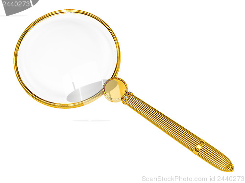 Image of Golden magnifying glass isolated on white