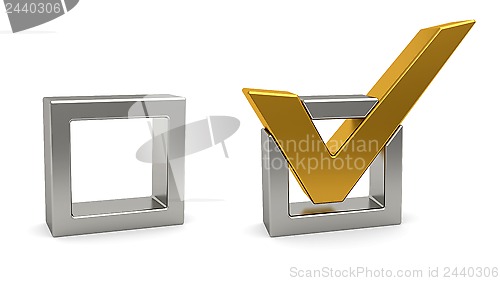 Image of Golden check mark and silver check box on white background