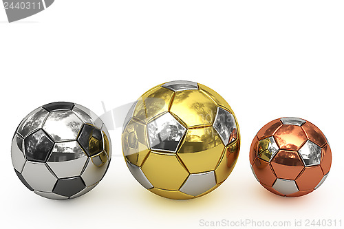 Image of Golden, silver and bronze soccer balls on white