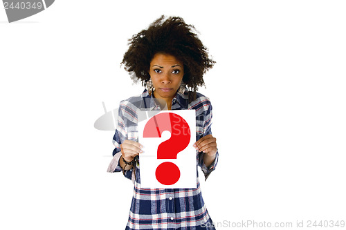 Image of Woman holding question mark