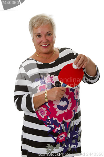 Image of Sporty female senior with ping pong paddle