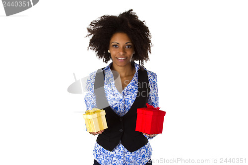 Image of African american woman with gift boxes 