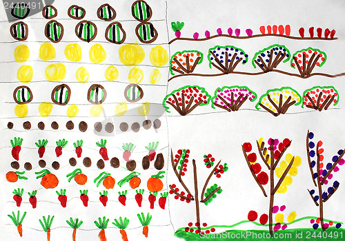 Image of Children's drawing with many vegetables and fruits