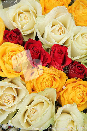 Image of Yellow, white and red roses in a wedding arrangement