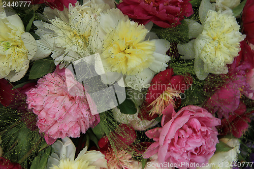 Image of Yellow/white and pink peony wedding arrangement