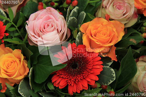 Image of Roses and gerberas in a wedding arrangement