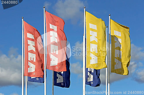 Image of Group of IKEA Flags against Sky