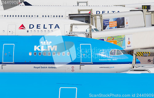 Image of AMSTERDAM - SEPTEMBER 6: KLM and Delta Airlines planes at Schiph