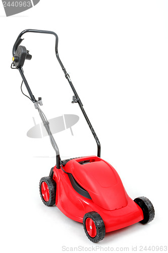 Image of new red lawnmower on white background