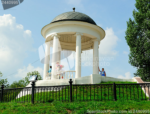 Image of Ostrovsky's Pavilion (1956) in Kostroma (Golden Ring of Russia) on the bank of the Volga River near the riverside station