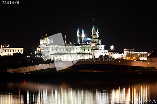 Image of night view on kazan kremlin with reflection in river