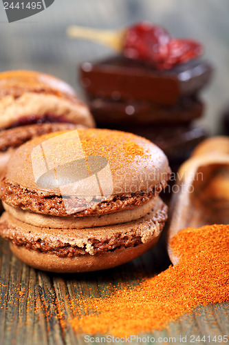 Image of Macaroons with chocolate and chili powder. 