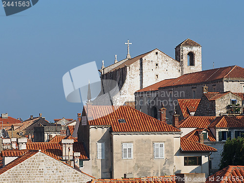 Image of Cathedral in the historic town Dubrovnik amongst tiled roof, Cro