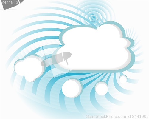 Image of Abstract speech bubbles in the shape of clouds used in a social networks on light blue background. Cloud computing