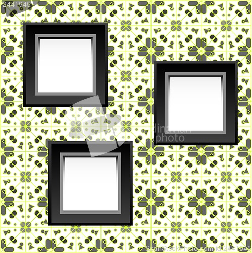 Image of three blank white frames on baroque wallpaper