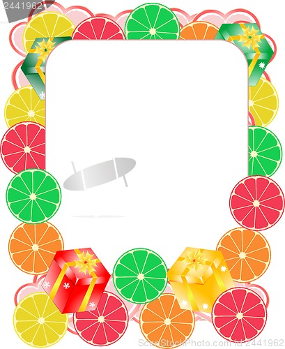 Image of fruit banners, gift box, christmas card