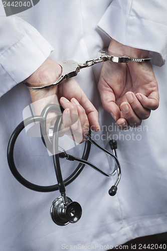 Image of Female Doctor or Nurse In Handcuffs Holding Stethoscope