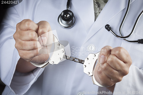 Image of Doctor or Nurse In Handcuffs Wearing Lab Coat and Stethoscope