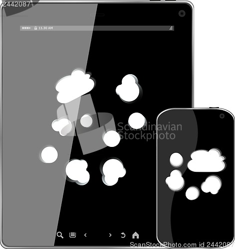 Image of Blank mobile smart phone and digital tablet pc with cloud on the screen