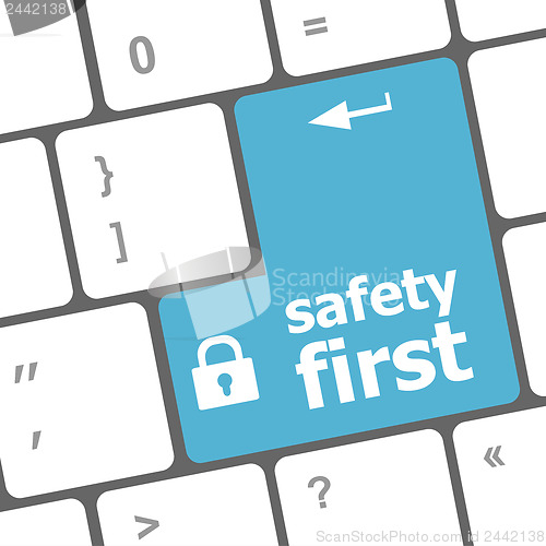 Image of safety first, close up view on conceptual keyboard, Security blue key