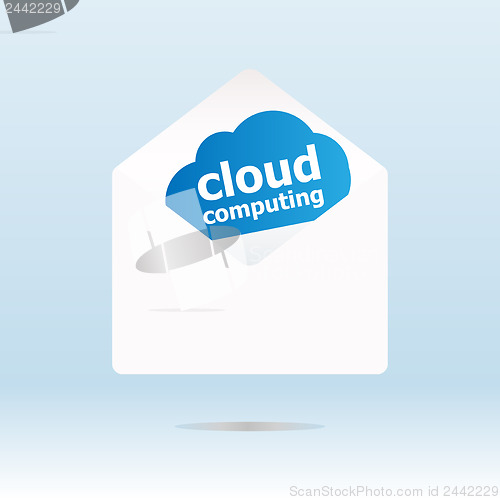 Image of cloud computing on blue cloud, paper mail envelope