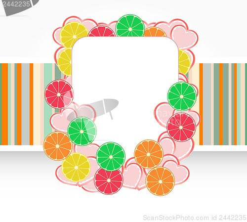 Image of fruit banners with gift boxes, holiday card