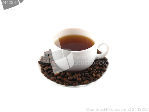 Image of Coffee cup and beans on a white background