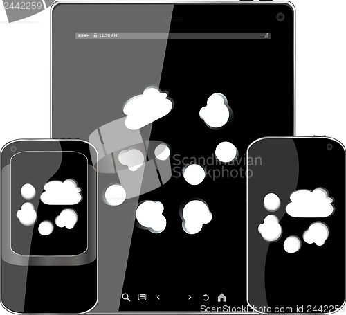 Image of mobile smart phone and digital tablet pc with cloud on the screen