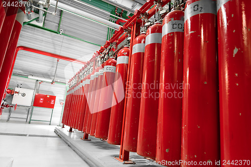 Image of Large CO2 fire extinguishers in a power plant