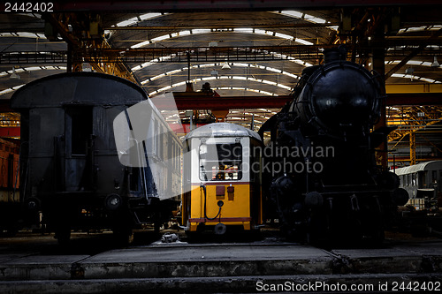 Image of Old industrial locomotive in the garage