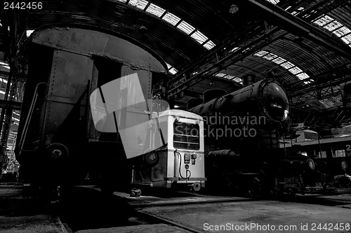 Image of Old industrial locomotive in the garage