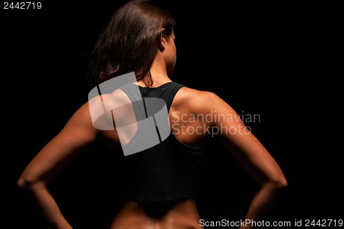 Image of Upper body of a muscular woman from the back