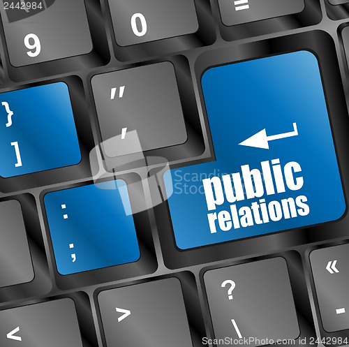 Image of Advertising concept: computer keyboard with word Public Relations, selected focus on enter button, 3d render