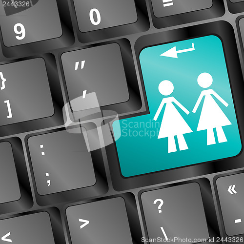 Image of social network concept with woman silhouette sign button on keyboard