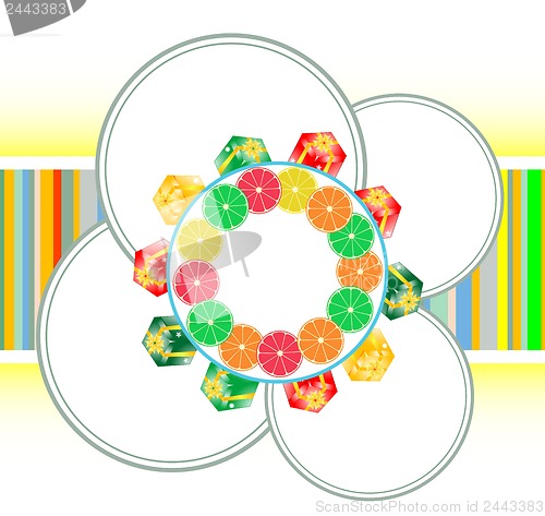 Image of fruit banners with gift boxes, holiday card