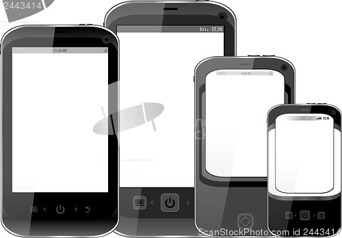 Image of Photo-realistic illustration of different smart phones with copyspace on the screen - isolated