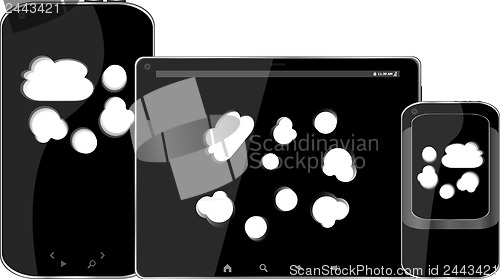 Image of mobile smart phone and digital tablet pc with cloud on the screen
