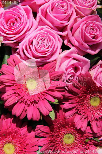 Image of Pink roses and gerberas in a bridal arrangement