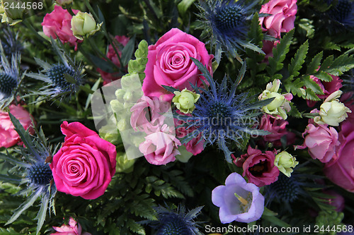 Image of Floral arrangement in blue, purple and pink