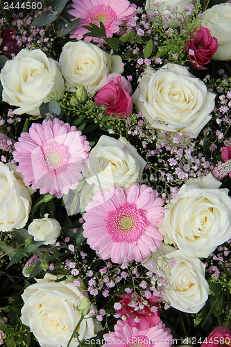 Image of pink gerberas and white roses in bridal arrangement