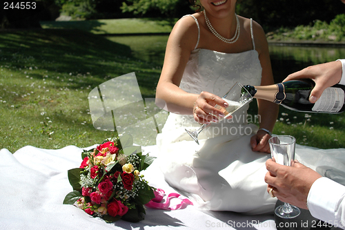 Image of Wedding couple having champangne