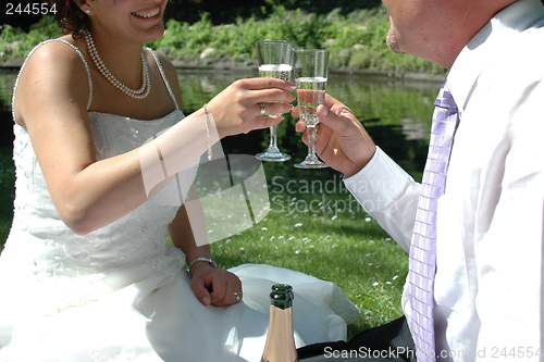 Image of Wedding couple having champangne