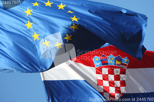 Image of Details of EU and Croatian flags 