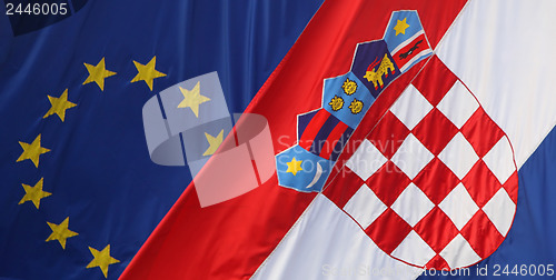 Image of Close up EU and Croatian flags 