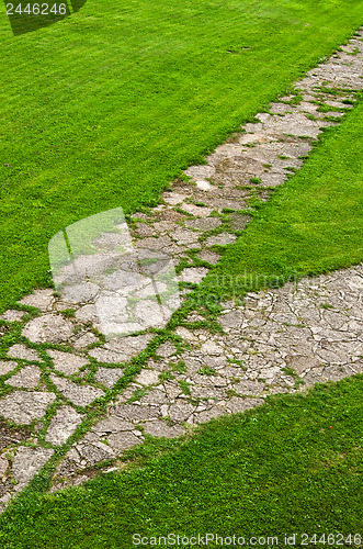 Image of stone path through a green lawn