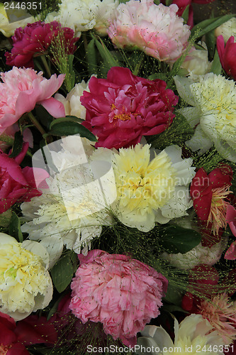 Image of Yellow/white and pink peony wedding arrangement